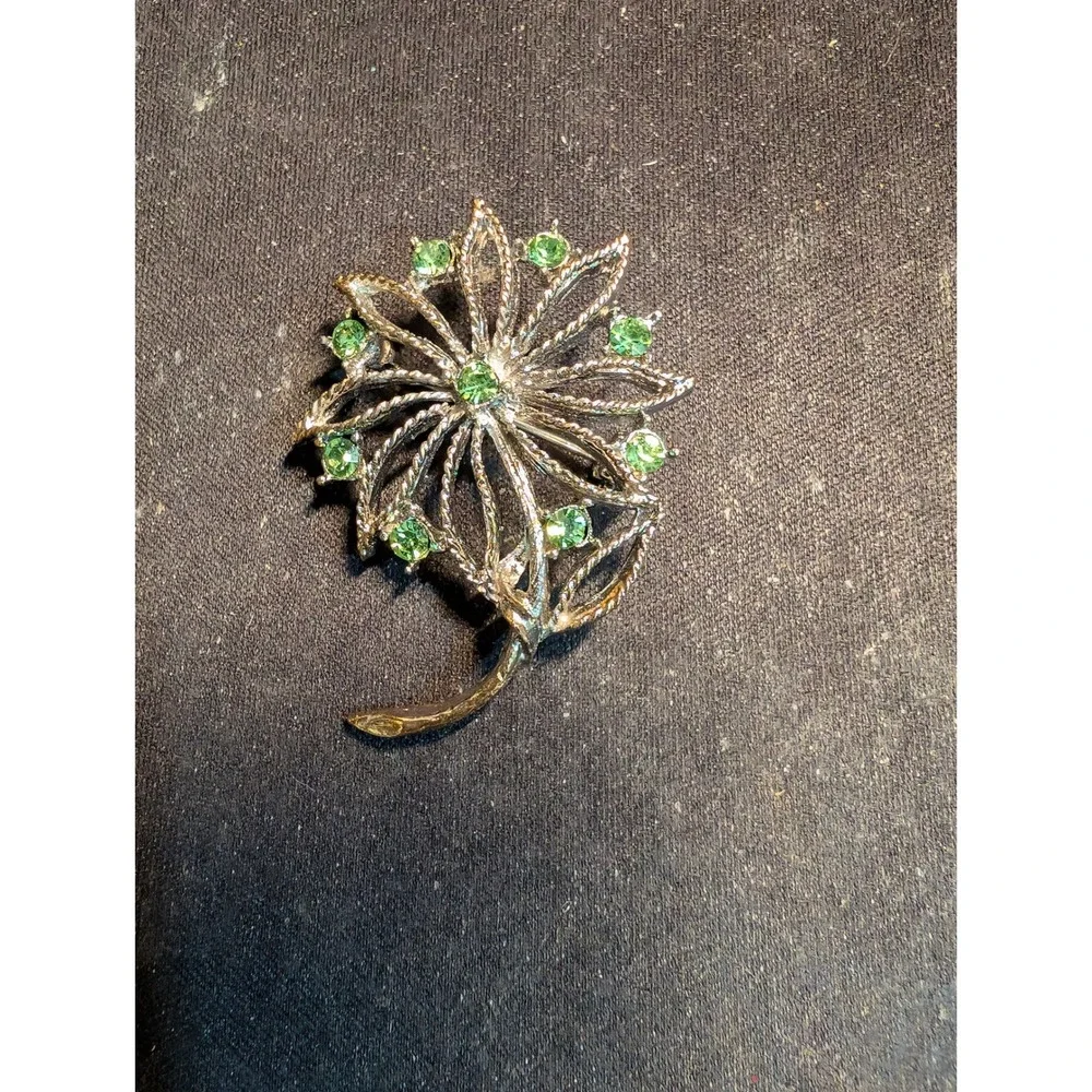 Vintage Silver Tone Green Rhinestone Floral Spray Brooch Pin 2 Inch